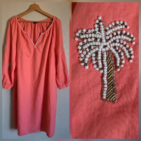 Talbots Beaded Palm Linen Cotton Shift Dress Radiant Coral Sz 2X Plus Tropical - Picture 1 of 12
